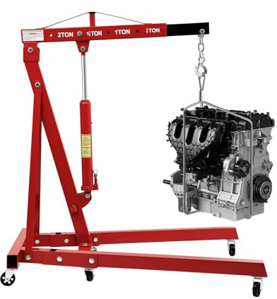 2 Ton Folding Hydraulic Engine Hoist with 6 Universal Wheels, Heavy Duty Carbon Steel Cherry Picker, Shop Crane Hoist Lift for Garage, Workshop, Car Repair, 4409 LBS Capacity, Red