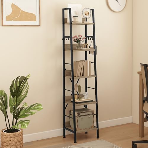 DWVO Schmales hohes Bücherregal 5 Etagen, Industrielles Leiterregal, Holzregale und Metall, schmal, dünn, modernes Regal für Wohnzimmer, Flur, Büro, Eichenfarbe