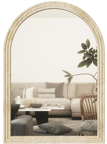 HOMCOM Specchio da Parete ad Arco con Bordo Scanalato e Ganci, Specchio Moderno in Vetro e Polistirene, 50x2x70 cm, Beige