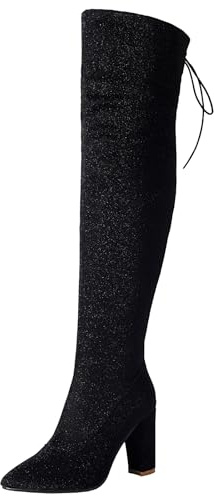 BULVJ Glittrande stövlar för kvinnor över knäet, Chunky-Heel dragkedja långa stövlar för att skapa olika vintermode-looks, svart, 40 EU