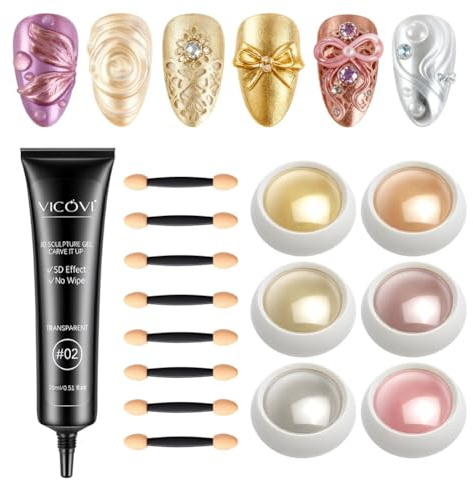 LOPHE Multifunctional 3D Nail Gel: 6PCS Glitter Chrome Nail Powder And 15ml No Wipe Sculpting Nail Gel Set with Applicators for Nail Designs DIY Nail Art and Embossed Nail Decoration