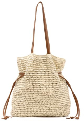 EVEOUT Bolso de Hombro Rafia Sintética para Mujer Verano Boho Chic Ligero Bolso Tote Paja Tejido para Playa Vacaciones