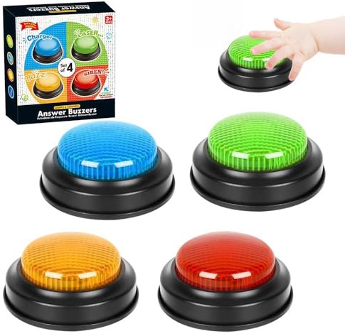 Jonuin Botones de Respuesta con Luz y Sonido, Set de 4 Answer Buzzers, Zumbadores de Respuesta para Concursos y Quizzes, timbres interactivos para Aula, Juegos Familiares y Educativos, Color Surtido