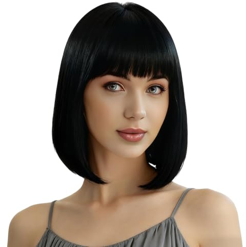 GXGM Parrucca Donna Nera Naturale,Con Frangia Ariosa E Rete Interna Regolabile, Per Halloween, Carnevale, Cosplay