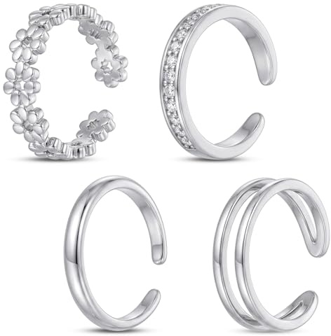 Tyqour Silver Toe Rings for Women Adjustable Ring Set of 4 Non Tarnish Toe Rings Silver for Summer Beach Jewelry
