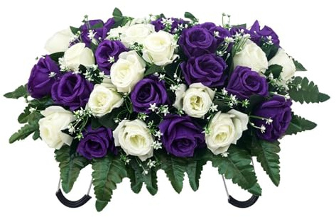 Generisch Friedhofssattelblumen künstlich | Grabstein Blumen Gesteck wetterfest | Grabschmuck Rosen UV-beständig | 50x30cm Seidenblumen für Grabstein & Friedhof. Zeitlose Gedenkdeko.