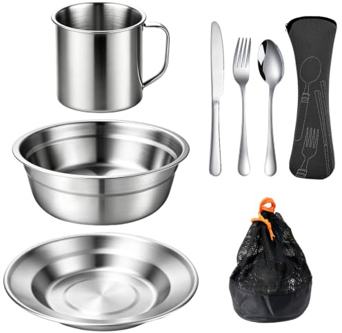 QUTHZZHY Set di posate da campeggio per 1 persona, set di stoviglie da campeggio in acciaio inox con ciotole, piatti, tazze, forchette, cucchiai e coltelli, posate da picnic per esterni, per campeggio