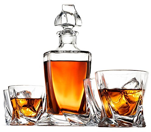 European Style Whiskey Decanter and Glass Set - With Magnetic Gift Box - Exquisite Quadro Design Liquor Decanter & 4 Whiskey Glasses (5 Piece Set Faceted Crystal Decanter)