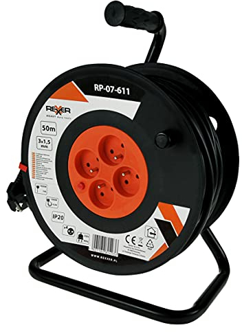 REXXER Kabeltrommel 50m - Verlängerungskabel mit 4 Steckdosen - Mit Überhitzungsschutz & Erdung - Ideal für Werkstatt, Garage & Innenbereich