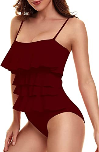 Bañadores Mujer con Volantes Traje de baño de Una Pieza Push Up Bikini Deportivo en Capas Control del Vientre Vino L