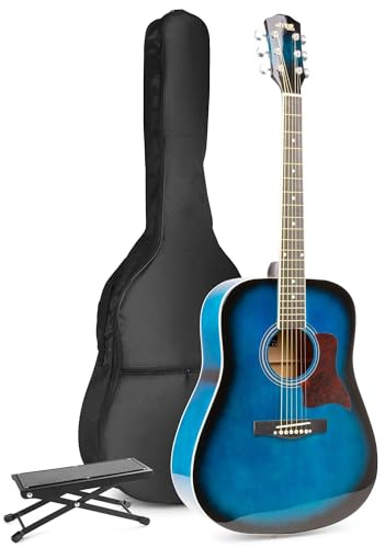 MAX SoloJam Guitarra Acústica Azul – Set Completo para Principiantes y Avanzados con Bolsa, Afinador Digital, Reposapiés, Cuerdas Acero, Correa, Cuerdas Extra y Púas Incluidas