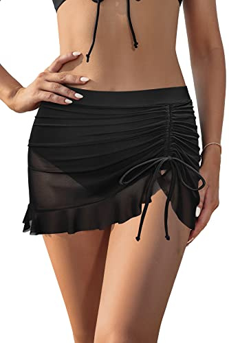 SHEKINI Women Drawstring Mesh Ruffles Swim Skirt High Waisted Bikini Bottom | Built-in Brief, Side Ties, Irregular Bottoms, Swimming Skort