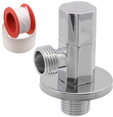 AERZETIX - C74954 - Valvola d'arresto ad angolo 1/2x1/2 + rosetta e guarnizione in PTFE con maniglia ottagonale - in ottone e rivestimento nichelato - raccordo rubinetto acqua lavello bagno cucina