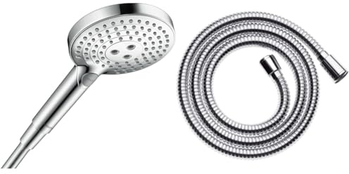 hansgrohe Raindance Select S - Pommeau de douche 3 types de jet, Douchette à main ronde (diamètre 120 mm), Chromé & Sensoflex Flexible de douche métallique 1,60 m, chromé, 28136000