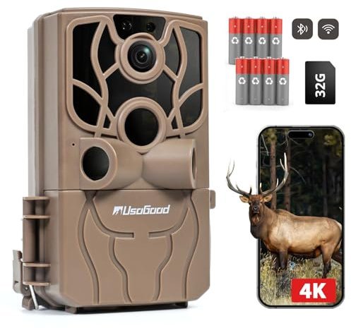 usogood Caméra de Chasse 48MP 4K,WiFi Bluetooth Camera de Chasse Connectée Telephone Surveillance Extérieure, Détection de Mouvement PIR Vision Nocturne Infrarouge,Carte Mémoire 32 Go et 8 Piles AA