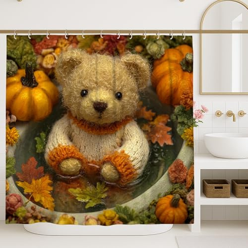 Cortina de ducha de oso otoñal, oso de peluche beige con hojas de calabaza, decoración de baño, estilo de felpa lindo de otoño de temporada para habitación de niños, 72 x 84 pulgadas