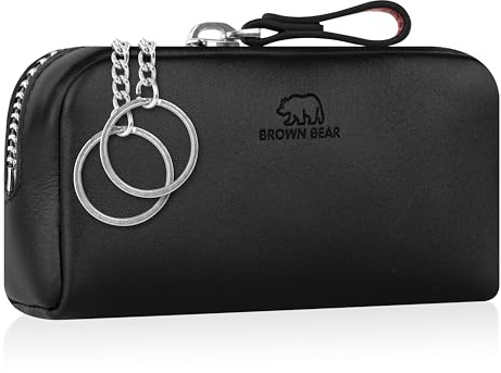 BROWN BEAR Schlüsseletui Leder mit Reißverschluss Münzfach - BB 8017 BK-A | Echtleder Schwarz Nappaleder Schlüsseltasche groß für Damen & Herren RFID-Schutz nur für Kreditkarten oder Ausweise