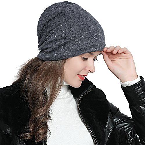 DonDon Damen Mütze Wintermütze Slouch Beanie silberne Pailletten Nieten