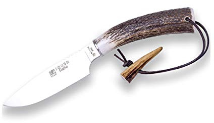 Joker Jagdmesser CC107 Flecha, Überlebensmesser mit Hirschhorngriff, 12,5 cm Klinge, Edelstahl-Fingerschutz, Gürtelmesser mit brauner Lederscheide, Werkzeug zum Angeln, Jagen, Camping und Wandern