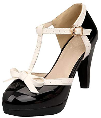 LOVOUO Mary Jane Femme Lanière Escarpin Rockabilly Vernis Talon Carré Bloc Haut Plateforme avec Noeud Chaussure Boucle 9CM(Bleu Marine,36)