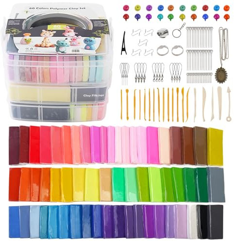 Tavolozza 60 Farben Polymer-Ton, 28 g/Block Ofen backen mit 19 Modelliermasse und 14 verschiedenen Zubehörteilen, antihaftbeschichtet, ungiftig, ideales DIY-Geschenk für Kinder