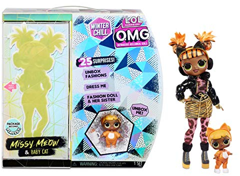 L.O.L. Surprise! OMG Winter Chill Missy Meow Modepuppe und Baby Cat Puppe mit 25 Überraschungen