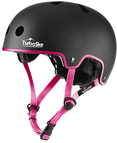 TurboSke Skateboard Helmet, BMX Helmet, Multi-Sport Helmet, Bike Helmet for Kids, Youth, Men, Women (Black&Pink, S/M (20.5-22.8))
