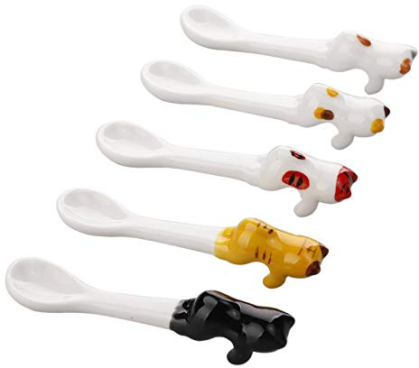 Mokylor Lot de 5 cuillères à café en céramique de 10,9 cm en forme de chat mignon, cuillères à soupe, mini cuillères à dessert, cuillères à café pour café, thé, yaourt, crème glacée, apéritifs et
