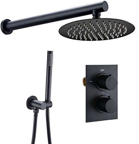 Wieoc Badezimmer Dusche Set Matte Schwarz Regen Dusche Wasserhahn Wand- oder Deckenmontierte Thermostatventil-System 12-Zoll-Duschkopf