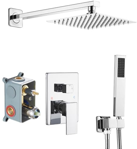 Heable Shower System with High Pressure Rainfall Shower Head, Handheld Shower head and Shower Faucet Trim Kit, Rain Mixer Shower Set Wall Mounted Chrome（Valve Include）
