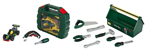 Theo Klein 8395 Werkzeugkoffer-Set Bosch Grand Prix mit Ixolino-Akkuschrauber I Maße: 32 cm x 26 cm x 9 cm I ab 3 Jahren & 8573 Bosch Werkzeug-Box I 7-teiliges Werkzeug-Set I ab 3 Jahren
