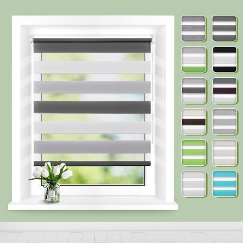 Doppelrollo Klemmfix ohne Bohren B90xH120(Stoffbreite 86cm) Weiß-grau-anthrazit, Rollos für Fenster, Rollo ohne Bohren mit Lichtdurchlässig und Verdunkelnd/Höhe Stufenlos Verstellbar/Kindersicherung