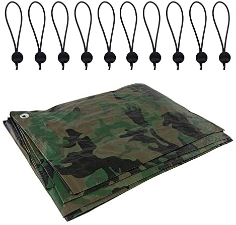 1.5 x 2 m Tarpaulin Waterproof Heavy Duty Cover Camping Ground Sheet Caravan Furniture Multipurpose + 10 Bungee Balls (Camo/Army – 90 GSM)