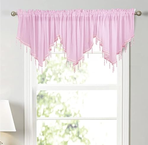 Devola Scheibengardine Volant Transparent Modern BxH 130x60cm Rosa 1 Stück | Gardine Dreieckiger Querbehang, Kurzvorhang mit Kristallperlen, Panneaux Gardinen Kurz, Dekorationsvolant für Küchenfenster