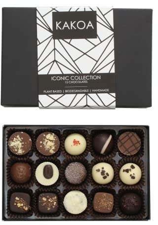 Kakoa Vegan Assorted Chocolate Selection Gift Box, Plant-Based, 15 Chocs | Brownie, coffee, caramel & liqueur centres, dairy-free & luxurious, a rich treat for special occasions & everyday moments