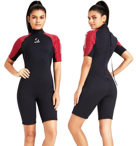 Neoprendräkt dam herr 3 mm kortärmad med dragkedja på baksidan för surfing simning paddling snorkling kanotpaddling dykning (dam röd, XXL)