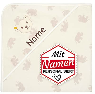 LALALO Steiff Kapuzenbadetuch Elefant mit Namen Bestickt, personalisierbar Babyhandtuch Kapuze, Kapuzenhandtuch, Badetuch, Duschtuch, Kinderbadetuch – Geschenk zur Geburt & Taufe