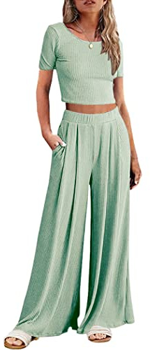 Ekouaer Damen-Pyjama-Set, 2-teilig, Lounge-Set, kurzärmelig, Outfit-Set, gerippt, Bauchfreies Top, weites Bein, Hose mit Taschen, S-XXL, Hellgrün, S