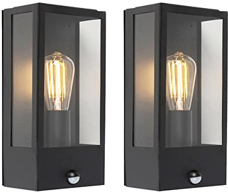 Qazqa - Modern Set mit 2 Außen Wandlampen schwarz mit Bewegungsmelder - Rotterdam I Außenbeleuchtung - Edelstahl Rechteckig - LED geeignet E27