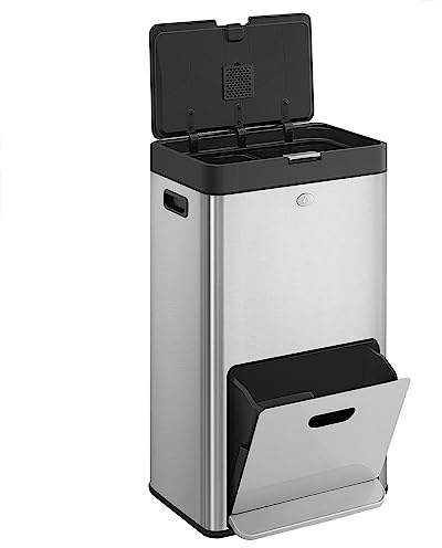 SONGMICS Kitchen Bin, 2 x 17L and 26L Volumes, 3-Compartment Bin for General Waste, Food Waste, and Recycling, Carbon Filter, Wide Pedal, Silver LTB550E60
