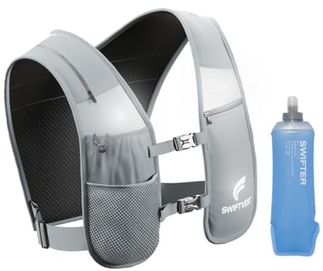 SWIFTVEST™ Laufweste für Damen & Herren – Leichte, Reflektierende Trinkweste mit 500 ml Trinkflasche & Handytasche – Verstellbar & Unisex – Laufzubehör (Grey, M-L)
