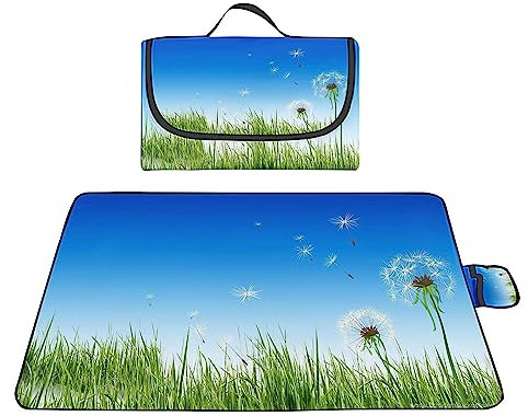 TengYuer Picknickdecke 180x200cm Stranddecke Wasserdicht Sandfrei Isoliert Faltbar Strandmatte mit Tragegriff Outdoor Campingdecke XXL für Camping Parks Strände Picknick LöWenzahn Blau