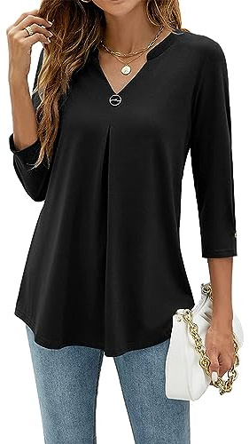 YloveM Camicetta 3/4 Manica Bluse da Donne Scollo a V Tinta Unita Top Casuale Eleganti Camicie Sciolte T Shirt