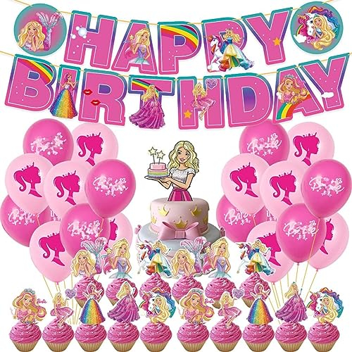 Pink Girl Princess Birthday Party Decorations Pink Girl Birthday Party Supplies Happy Birthday Banner, Balloons, Cake Topper, Cupcake Toppers