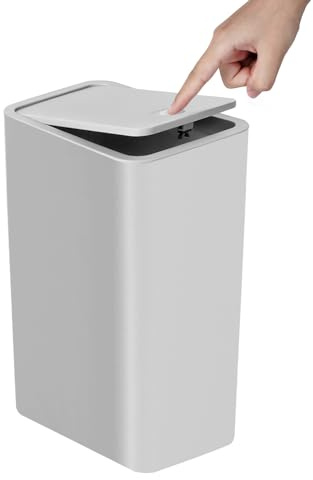 TIPGO Badezimmer-Mülleimer mit Deckel, 10 Liter, schlanker Mülleimer, kleiner Mülleimer, Abfallkorb mit Pop-Up-Deckel für Küche, Schlafzimmer, Wohnzimmer, Büro (grau)