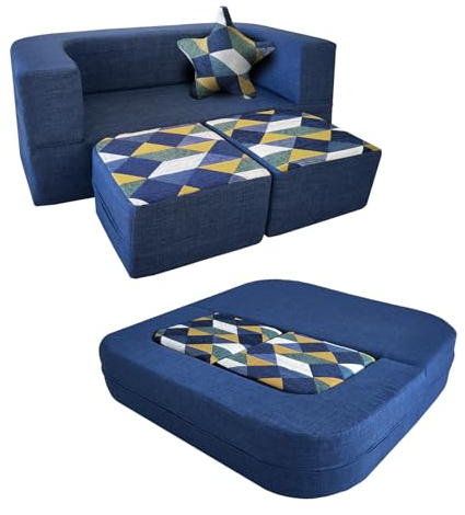 ANONER 2-in-1 4-teiliges Kinder-Spielsofa aus Schaumstoff, Modulbausteine für Wohnzimmer und Schlafzimmer, modulares faltbares Kinder-Sofa mit Schlaffunktion, dunkelblau