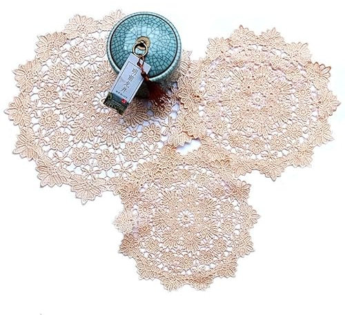 4 Stück Runde Bestickte Tischmatte, 35CM Platzsets Untersetzer Tischset Hohle Tischdecke aus Spitze Spitzendeckchen Handgemachte Häkeldeckchen Vintage-Tassenmatte,Vasenmatte für Heimdekoration -Beige