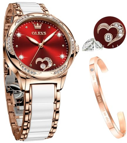 OLEVS Damenuhr Roségold mit Herz Diamant Schwarz Weiße Gesicht Quarz wasserdicht Armreif Armband Set Armbanduhren für Damen