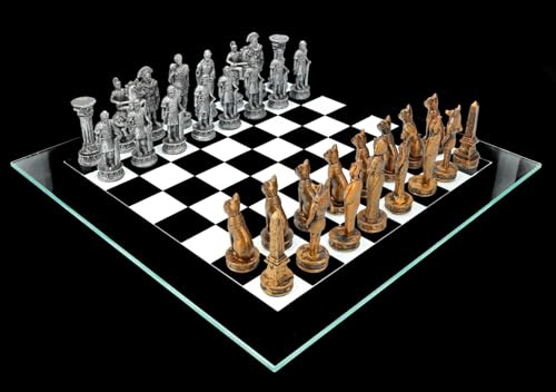 Schachspiel Ägypter vs. Römer Silber Gold - Schach Set Glasbrett Schachfiguren Figuren Antike Geschichte