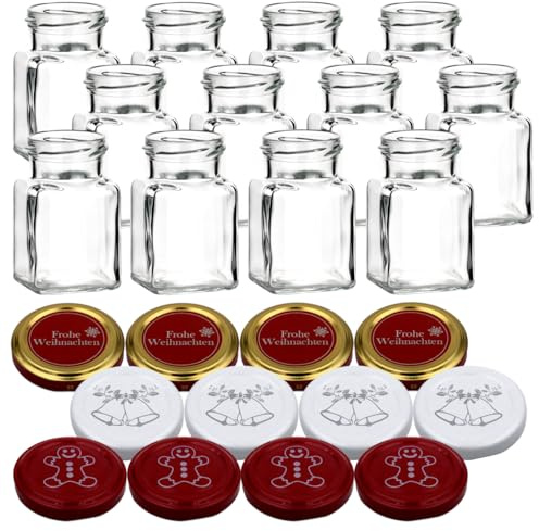 gouveo 12er Set Einmachgläser 150 ml mit Schraubverschluss Weihnachten Set 4 - Eckige Gläser mit farbigen Motiv-Deckel - Schraubglas für Weihnachten